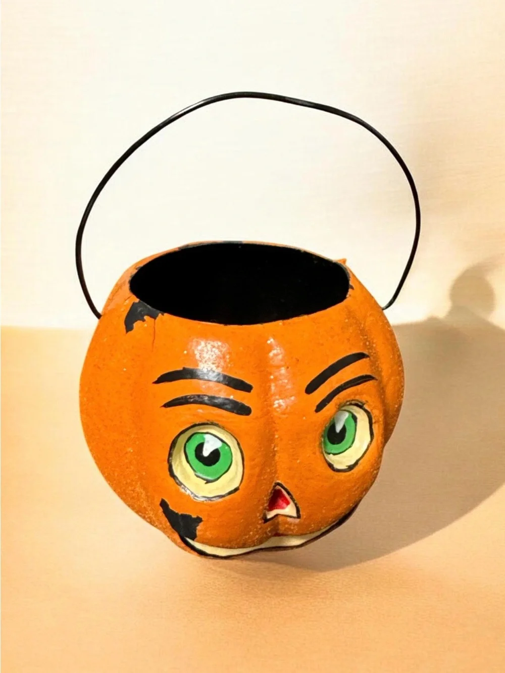 Orange Pumpkin Trick-or-Treat Bucket with Green Eyes